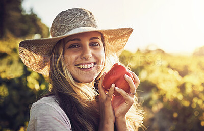 Buy stock photo Sustainable, farming and portrait of woman with vegetable for agriculture, growth and harvest in nature. Happy, farmer and face with pepper at countryside for eco friendly, environment and production