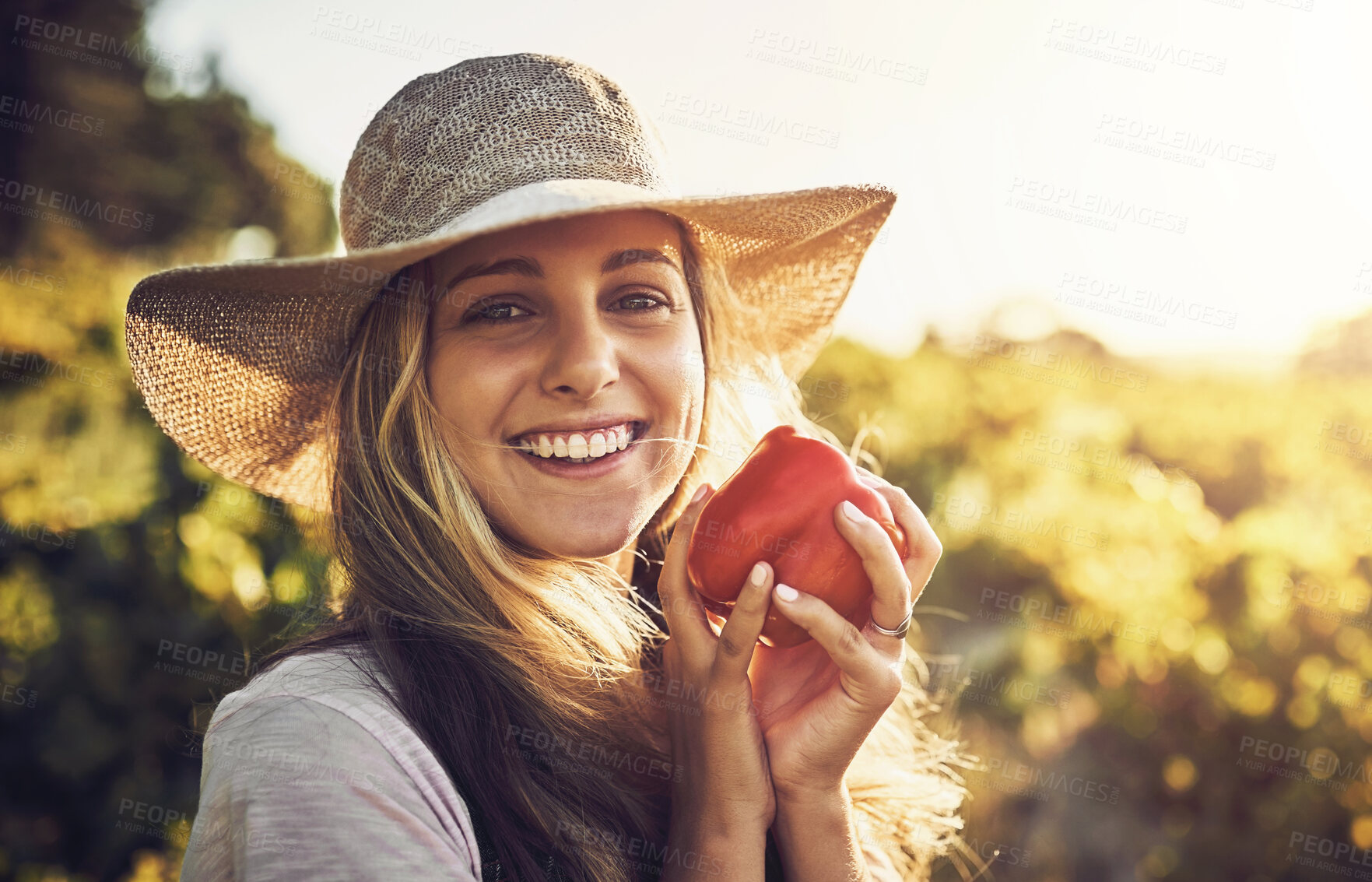 Buy stock photo Sustainable, farming and portrait of woman with vegetable for agriculture, growth and harvest in nature. Happy, farmer and face with pepper at countryside for eco friendly, environment and production