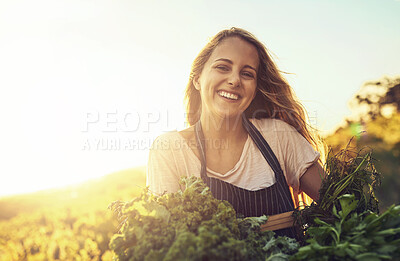 Buy stock photo Farmer, planting or harvest vegetables in portrait laugh outdoor for gardening, sustainability or vegan nutrition. Woman, agriculture and nursery for flower growth, healthy food or environmental care