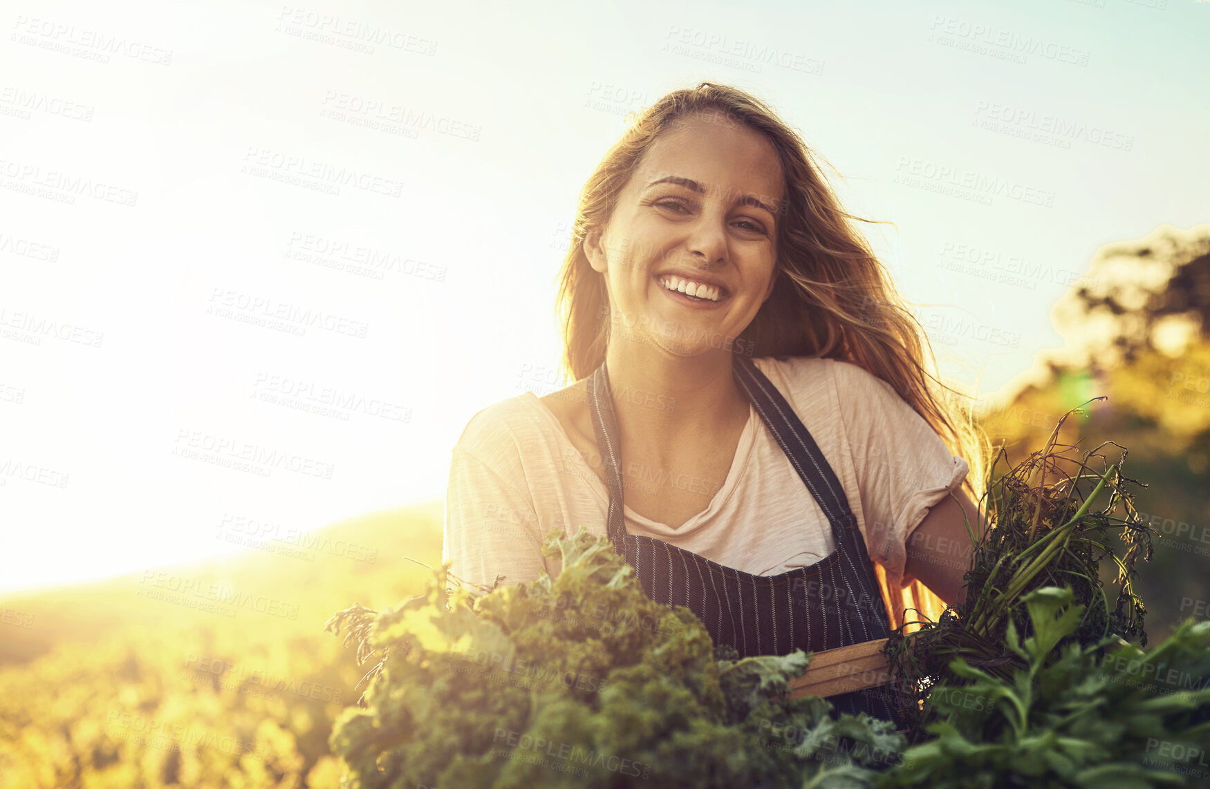 Buy stock photo Farmer, planting or harvest vegetables in portrait laugh outdoor for gardening, sustainability or vegan nutrition. Woman, agriculture and nursery for flower growth, healthy food or environmental care