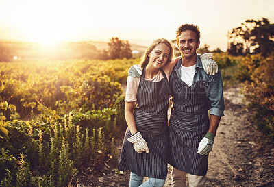 Buy stock photo Love, hug and farming as couple on countryside for agriculture, growth and wine. Teamwork, bonding and portrait with man and woman in grape field for vineyard, sustainability and environment