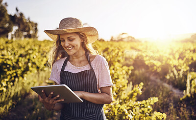 Buy stock photo Tablet, farmer and happy woman research agriculture, sustainability or growth outdoor at field. Digital technology, farm and person at countryside for planning food production, plant harvest or agro