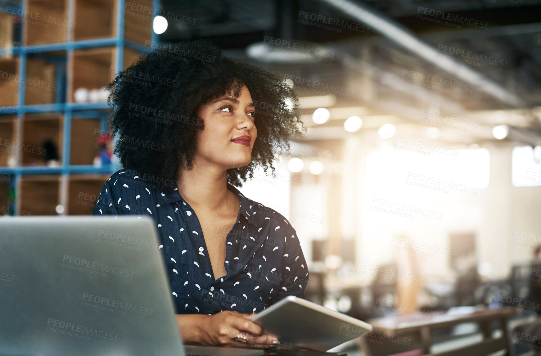 Buy stock photo Thinking, laptop and business woman with tablet in office for planning, solution and project idea research. Why, brainstorming and consultant at digital agency for client, feedback or b2b networking