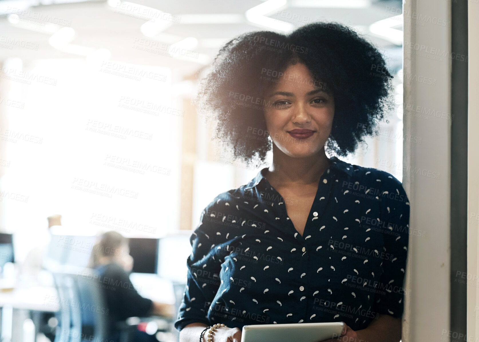 Buy stock photo Black woman, portrait and pride in office with tablet for web design, development or aesthetic. Employee, smile and designer at creative agency with tech for website, typography and ux or planning