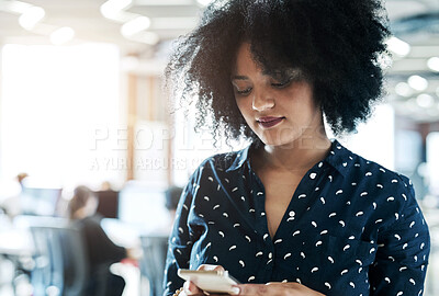 Buy stock photo Black woman, typing and communication with phone at office for discussion or conversation. Young African, female person or employee browsing on mobile smartphone for online chatting, texting or app