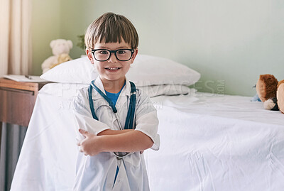 Buy stock photo Boy, kid and doctor with portrait or arms crossed for young physician, happy and future career in medicine or healthcare. Child, glasses and educational play for growth or development and medical.