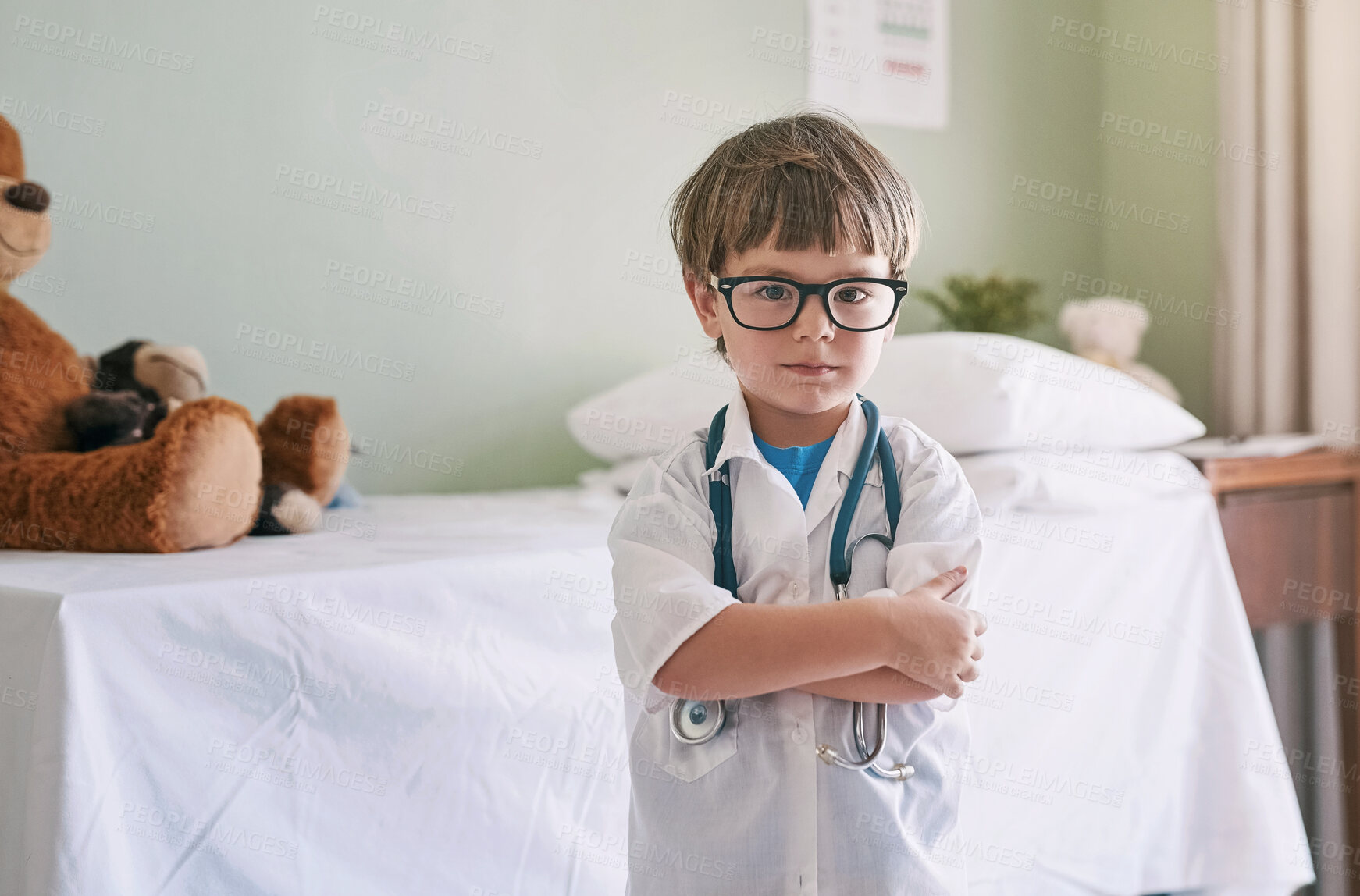 Buy stock photo Boy, child and confident doctor with portrait for young physician, serious and future career in medicine or healthcare. Kid, glasses and educational roll play for growth or development and medical.