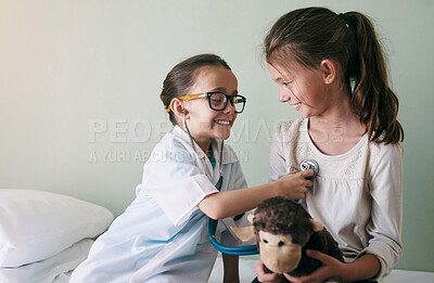 Buy stock photo Girls, children and doctor with dress up, kids and fun with game, fantasy and pretend with stuffed toy. Play, joyful and medical with weekend break, stethoscope and career choice for development