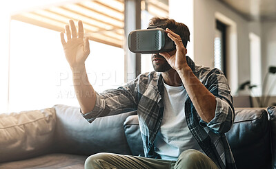 Buy stock photo Streamer, man and virtual reality headset in home lounge of cyber experience, metaverse system or gaming connection. Gamer, VR and games in living room with future, innovation and ui app technology