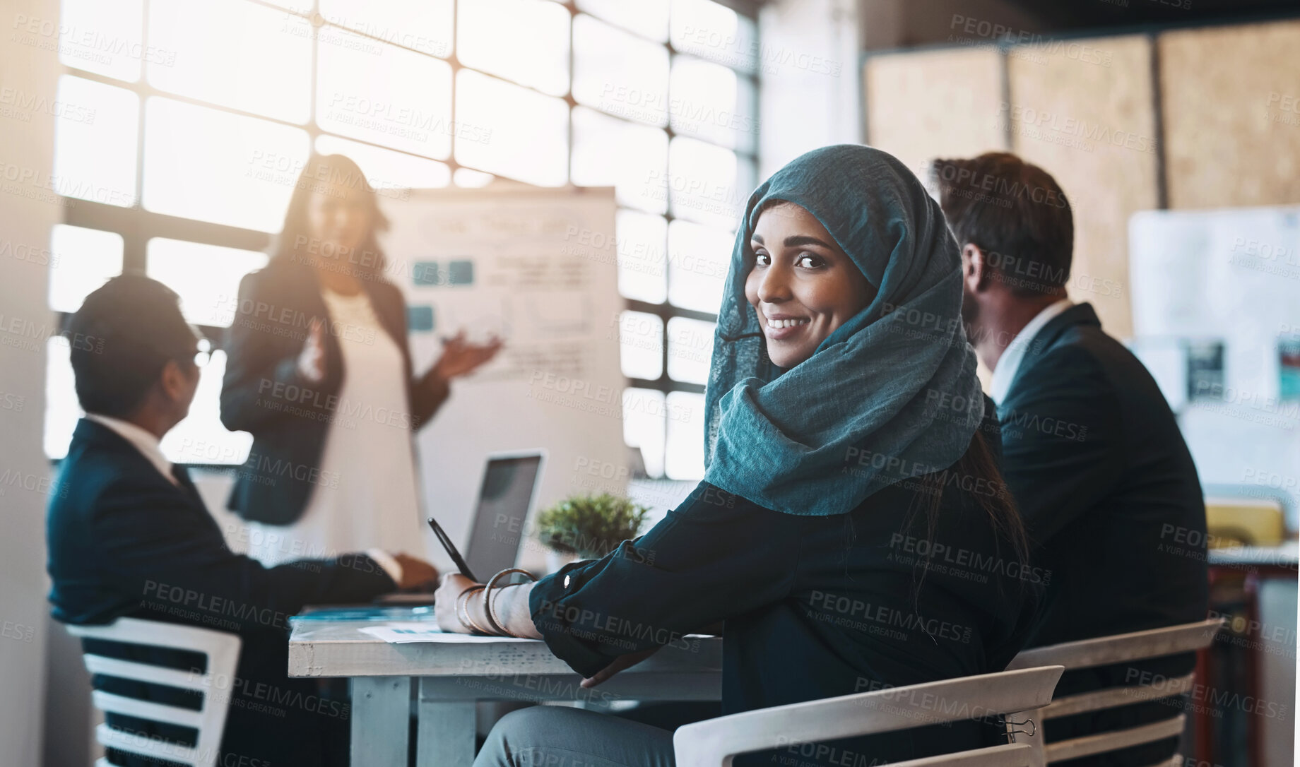 Buy stock photo Meeting, business people and portrait of Muslim woman in office for planning, presentation and project ideas. Corporate, diversity and happy worker with staff for teamwork, collaboration and feedback