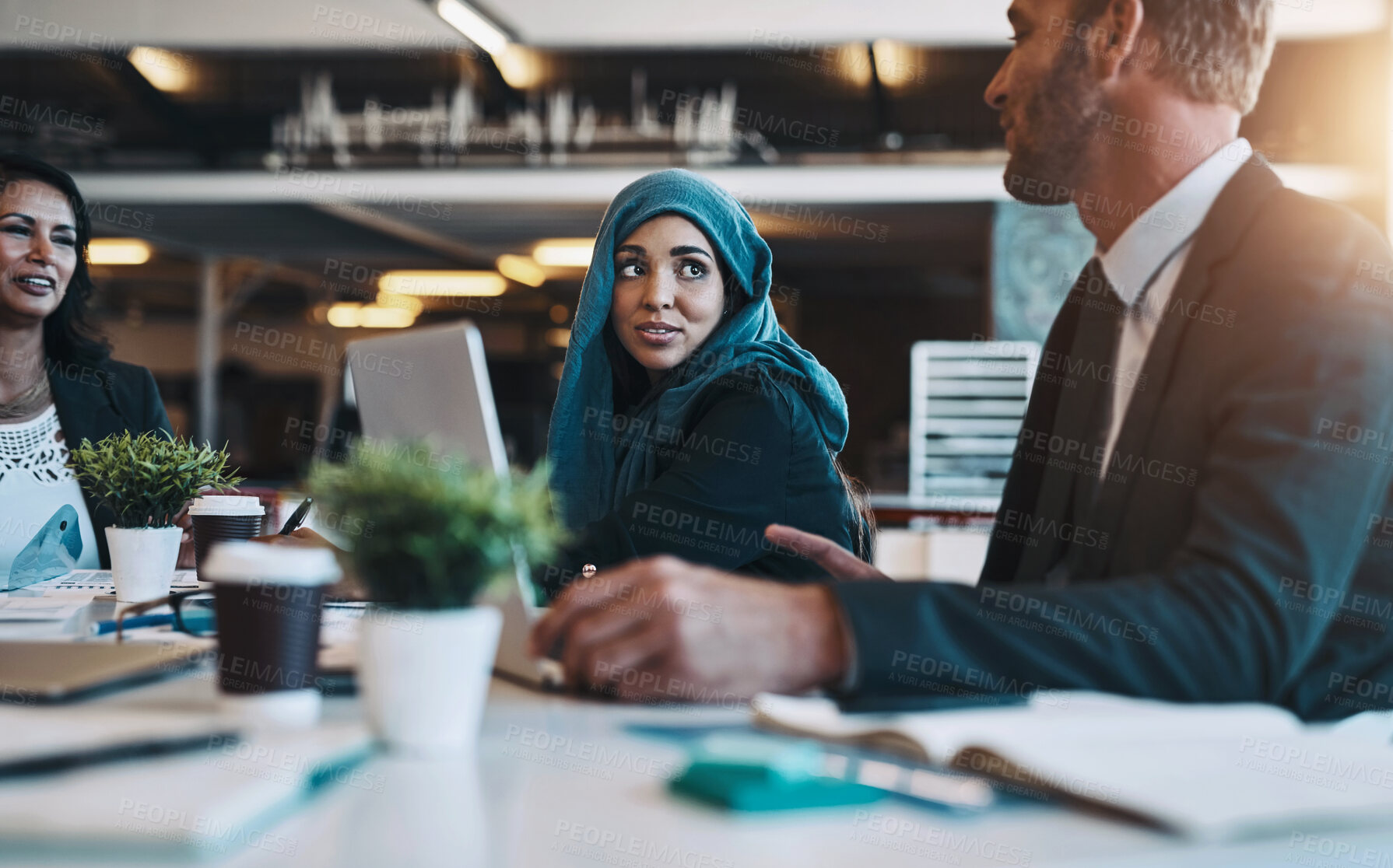 Buy stock photo Business people, meeting and discussion by laptop in office for planning, brainstorming or listen to idea. Man, women and diversity in workplace for problem solving, solution or team in collaboration