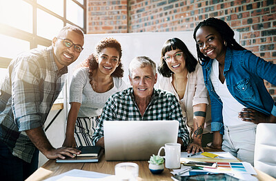 Buy stock photo Meeting, laptop and portrait of business people in office for collaboration, about us and teamwork at startup. Creative, diversity and men and women with computer, palette and designs for project