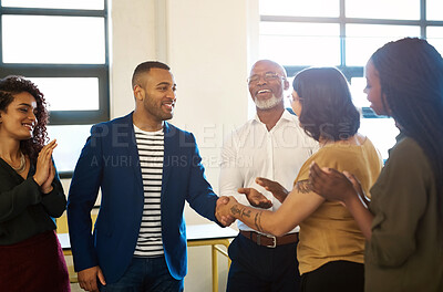 Buy stock photo Team, handshake and success with applause from office deal, agreement and achievement. Happy, contract meeting and clapping from business people with support, cooperation and congratulations at work