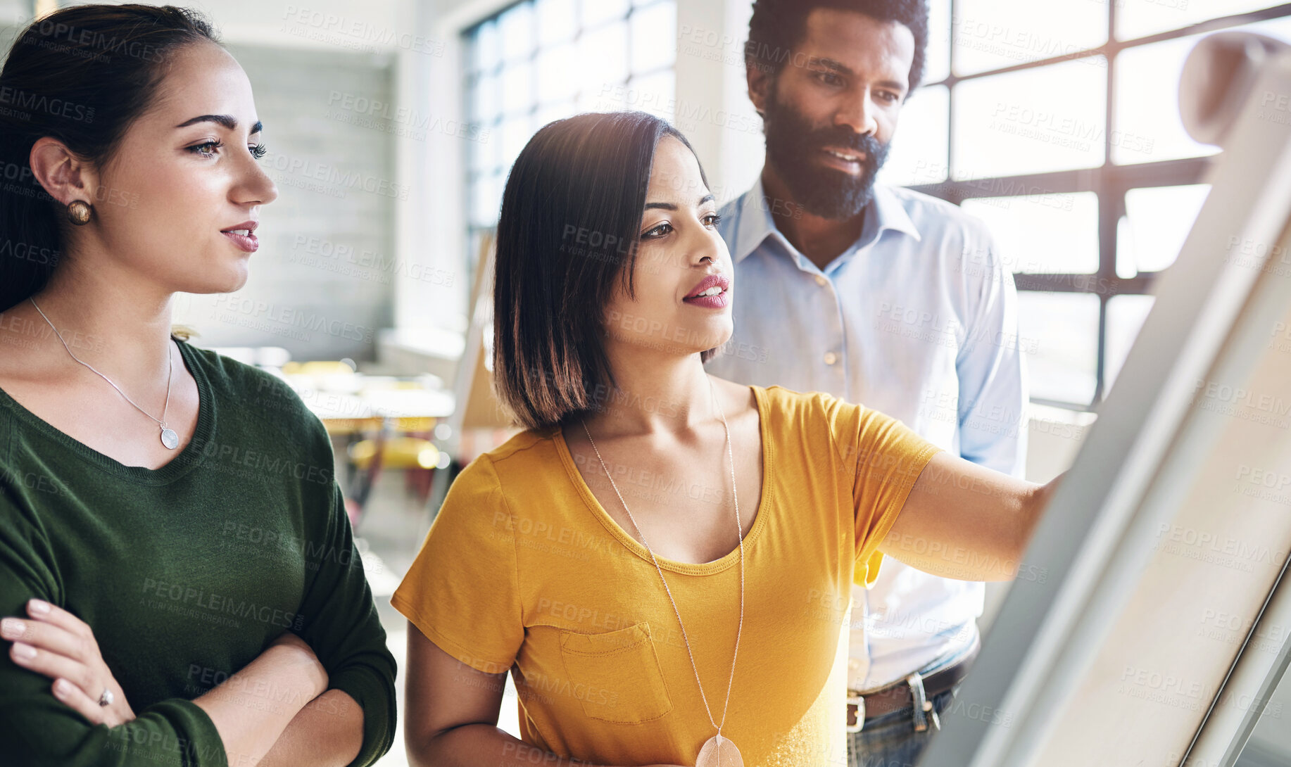 Buy stock photo Whiteboard, brainstorming and business people in meeting, planning and cooperation for project. Group, employees and writing for feedback, review and teamwork with information for company or about us