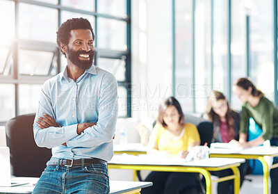 Buy stock photo Coworking, smile and black man in office with thinking, our vision and happy from web design startup. Professional, arms crossed and creative worker with confidence and proud from website admin job