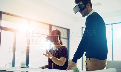 Buy stock photo Man, woman and vr in office with holographic overlay, lines or teamwork for futuristic iot in collaboration. People, augmented reality and glasses for digital transformation or click for metaverse UX