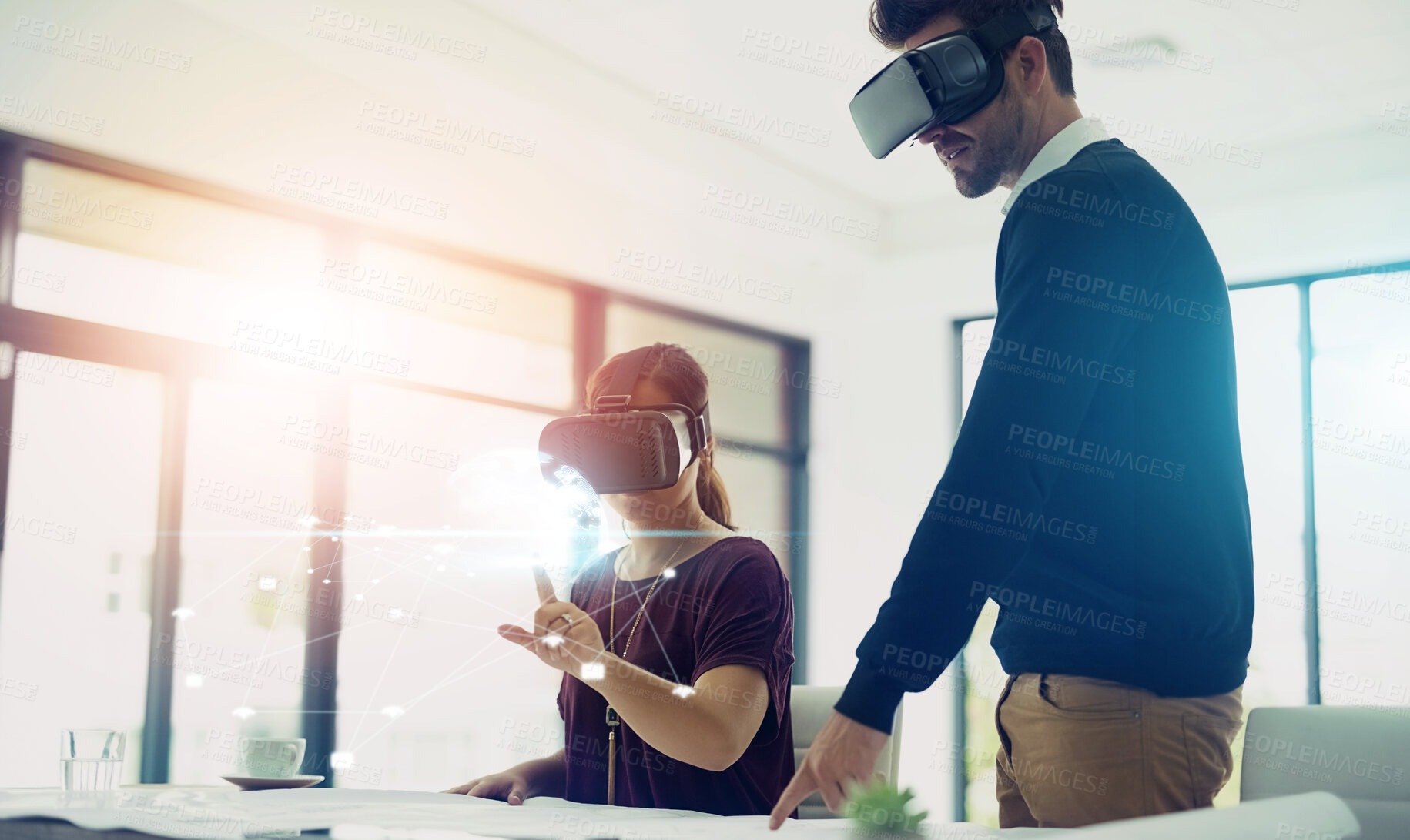 Buy stock photo Man, woman and vr in office with holographic overlay, lines or teamwork for futuristic iot in collaboration. People, augmented reality and glasses for digital transformation or click for metaverse UX