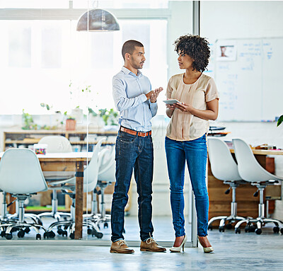 Buy stock photo Discussion, tablet and business people in office with research for creative project in collaboration. Digital technology, planning and copywriting team in conversation for proofreading in workplace.