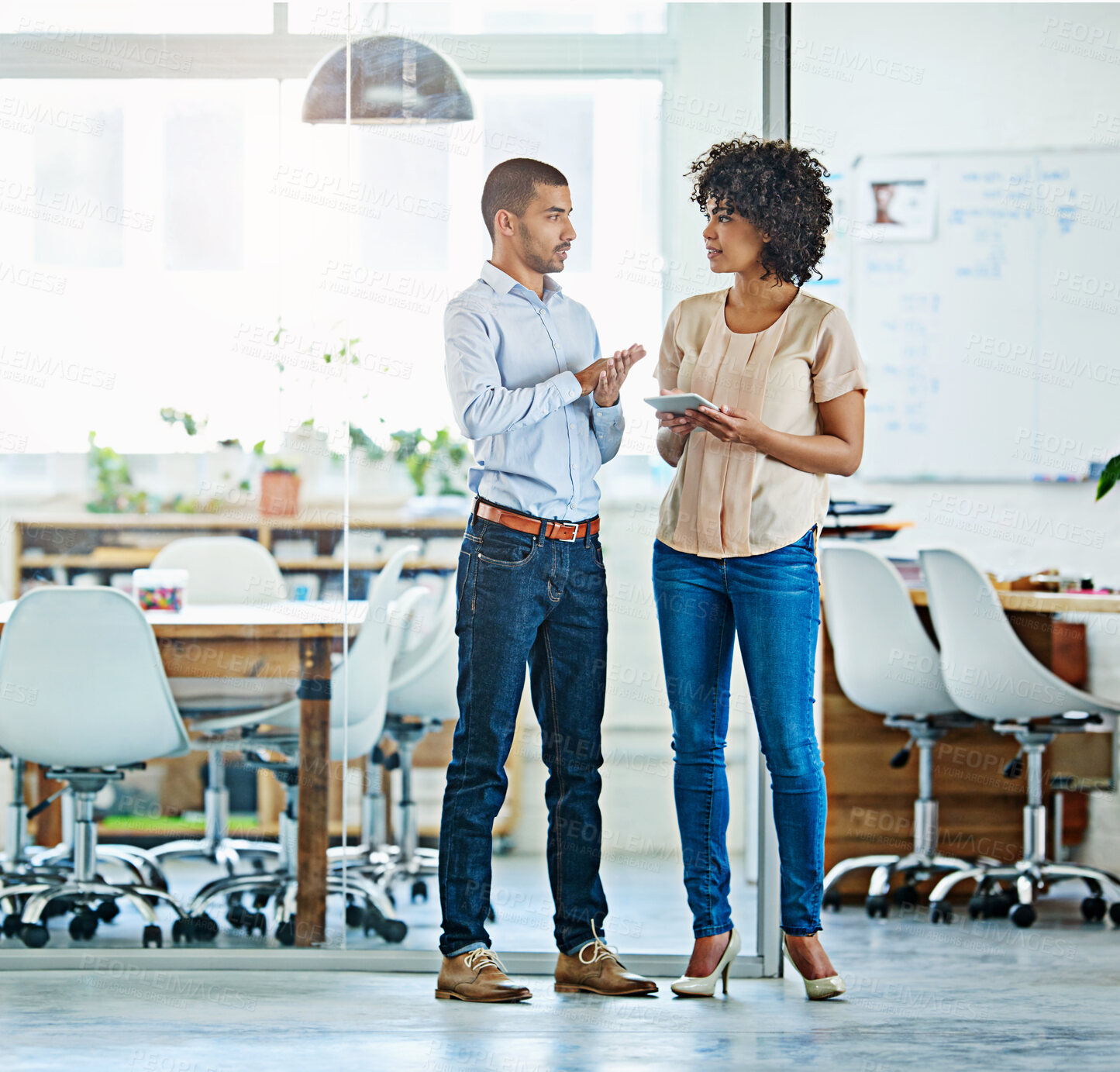 Buy stock photo Discussion, tablet and business people in office with research for creative project in collaboration. Digital technology, planning and copywriting team in conversation for proofreading in workplace.