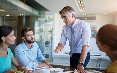 Buy stock photo Businessman, talking and staff in meeting office for planning, ideas and collaboration support of project pitch. Men, woman and discussion for brainstorming, feedback or teamwork of negotiation goal