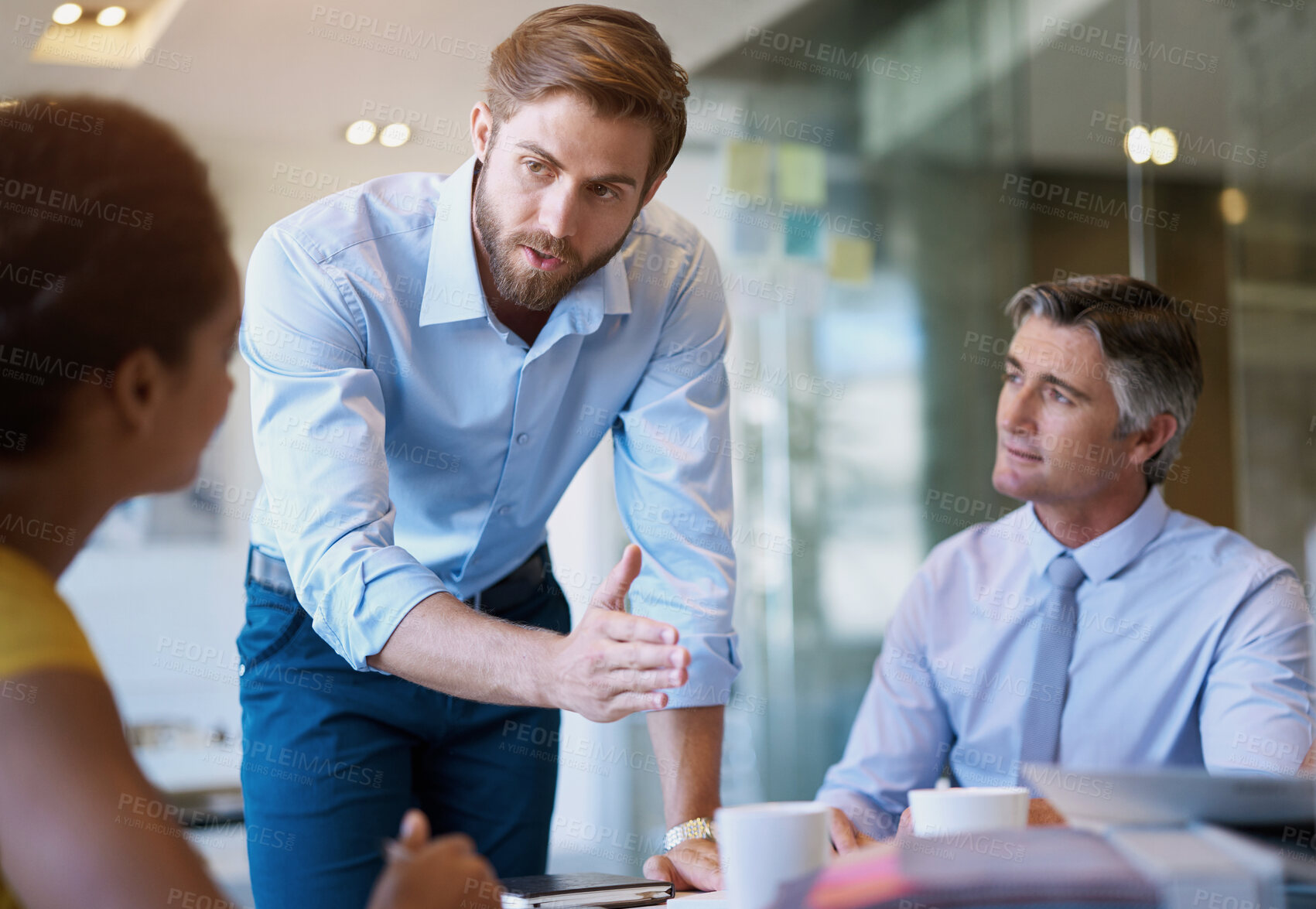 Buy stock photo People, business meeting and feedback in conference room for teamwork, advice and communication. Corporate group, speaker and question in office for collaboration, discussion and coaching employee 