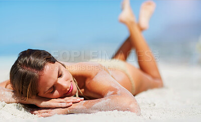 Buy stock photo Relax, lying and woman on sand for sunbathing, tanning and outdoor on seaside with calm. Ocean, beach and female person in California for vacation, weekend holiday and adventure for summer break