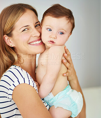 Buy stock photo Smile, portrait and mother holding baby in diaper at home for safety, love and protection. Happy, care and mom with cute boy toddler, kid or child for support and bonding together at family house.