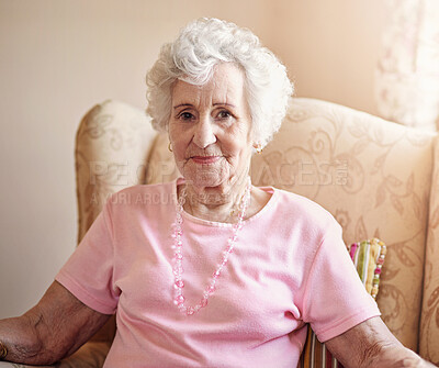 Buy stock photo Portrait, elderly or happy woman in home to relax with wellness or confidence on living room chair. Apartment, proud or senior lady resting with peace or satisfaction in retirement, lounge or house