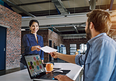 Buy stock photo Businessman, assistant and happy with document at desk for research on company budget or client briefing. Employees, teamwork and smile with paperwork, financial portfolio or administration in office