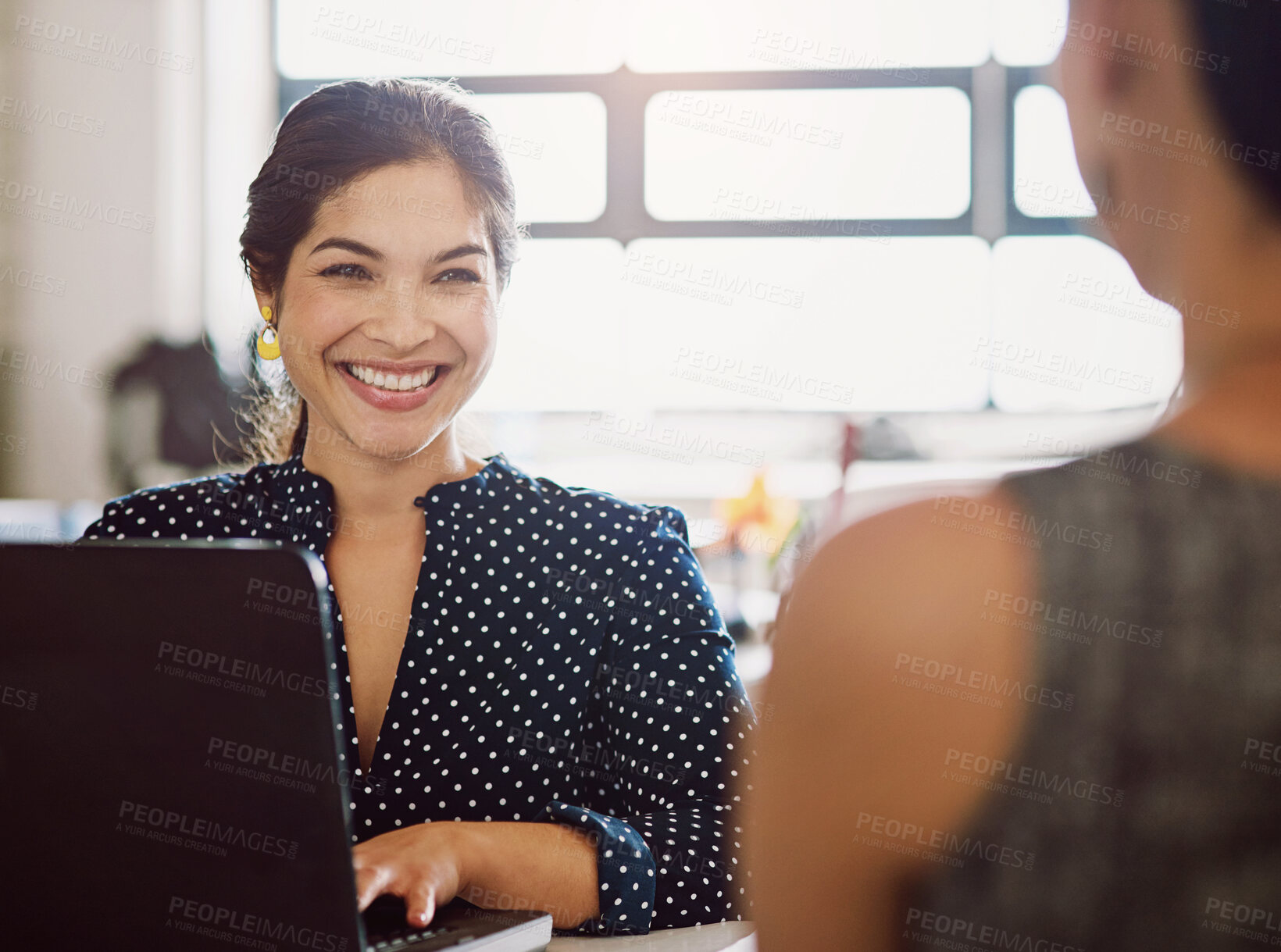 Buy stock photo Business meeting, laptop and happy woman in office with employee with work review, feedback and planning. Support, advice and friendly manager with intern for online research, solution or schedule 