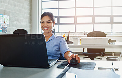 Buy stock photo Happy, business woman and laptop with accountant at desk for career in finance, research or development at office. Young female person or financial advisor with smile on computer for job at workplace