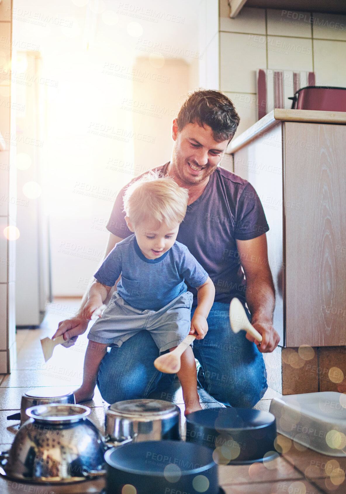 Buy stock photo Pots, drums and kid with father in home with music, fun and playing in a kitchen with a smile. Creative, musician game and fantasy with sound, youth and bonding together on the floor with happy boy
