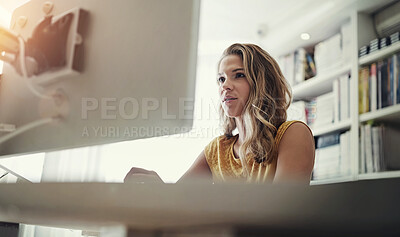 Buy stock photo Computer, working and home office with woman and freelance writing in the study with tech. Entrepreneur, online and digital job with blog writer and internet search for article post for website below