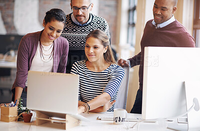 Buy stock photo Business people, laptop and planning for creative project with digital collaboration of office team. Working, management and technology with brainstorming and website update with web design group