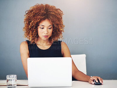 Buy stock photo Business, thinking and black woman with laptop, employee and consultant in modern office. African person, worker and agent with internet, computer and connection for research, seo and website info