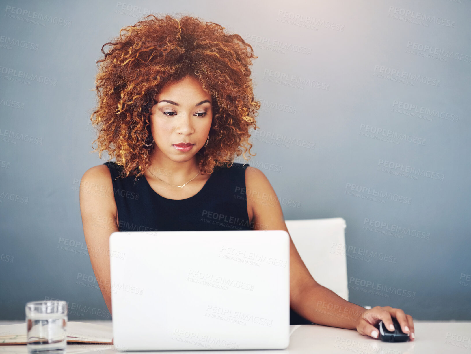 Buy stock photo Business, thinking and black woman with laptop, employee and consultant in modern office. African person, worker and agent with internet, computer and connection for research, seo and website info