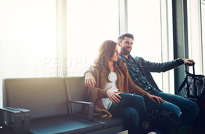 Buy stock photo Luggage, travel and couple in airport, love and vacation for adventure, getaway trip and summer. People, man and woman with journey, waiting and international for holiday, explore and airline trip