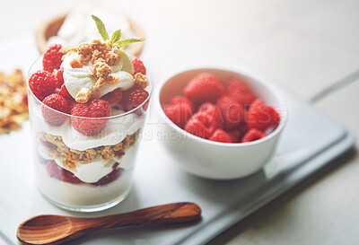 Buy stock photo Home, bowl and strawberry with yogurt for healthy or nutrition and diet with ingredient for fruit salad. Glass, smoothie and sweet flavor for snack or  lunch with fresh food for self care or wellness