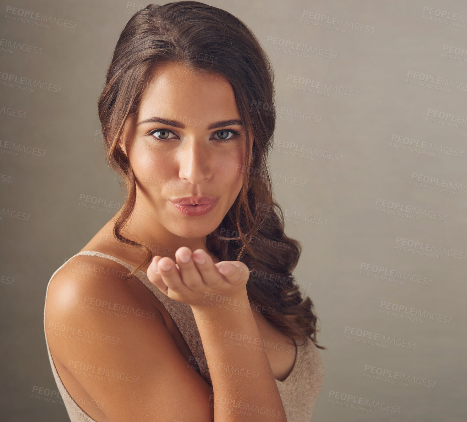 Buy stock photo Beauty, portrait and woman blow kiss for skincare, natural and cosmetic facial treatment. Flirting, health and female person with dermatology routine for wellness isolated by studio background.