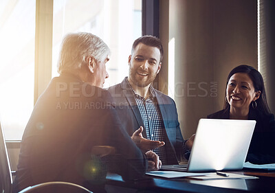 Buy stock photo Business people, meeting and discussion with laptop in office for investment, review and finance plan. Financial advisor, manager and documents with tech for budget report, consulting and feedback