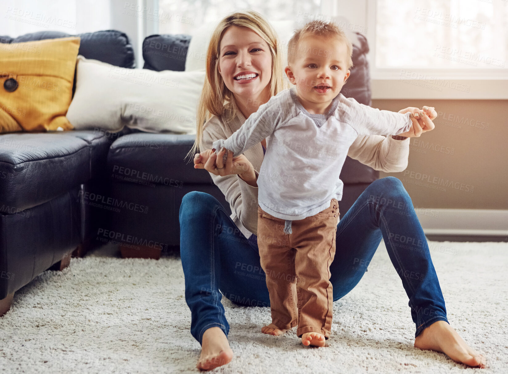 Buy stock photo Baby, mother and development in house with walking or growth of child for first steps in portrait. Toddler, woman and motor skills with support, help and learning from mom for progress or balance