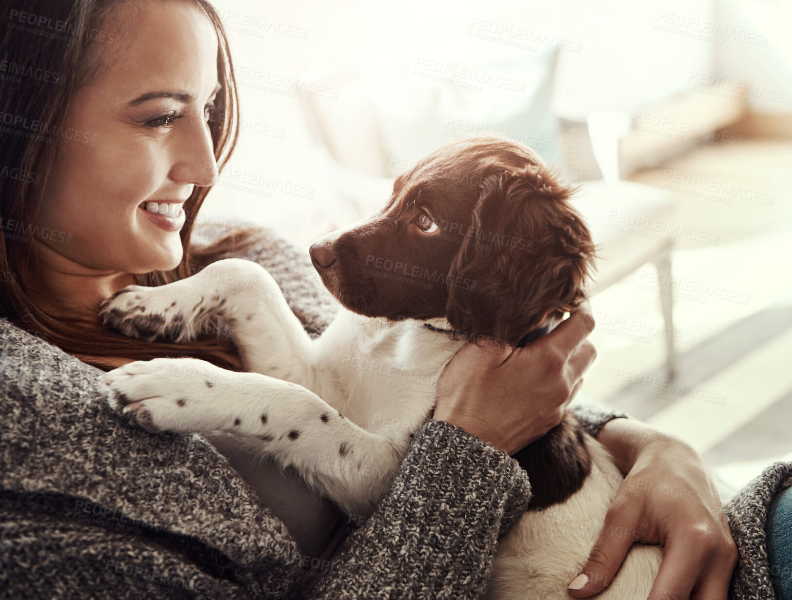 Buy stock photo Smile, woman and dog with love at house, adoption and bonding for care by support of animal relax on sofa. Happy, pet owner and puppy friends for wellness, hug or loyalty together at family home