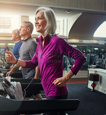 Buy stock photo Fitness, smile and senior woman on treadmill in gym for health, wellness and body exercise. Running, athletes and elderly people on cardio equipment for endurance workout or training in sports center