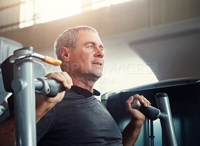 Buy stock photo Mature man, weight machine and fitness in gym with vision for health, transformation and muscle development. Person, strength training and exercise with challenge for performance, workout or wellness