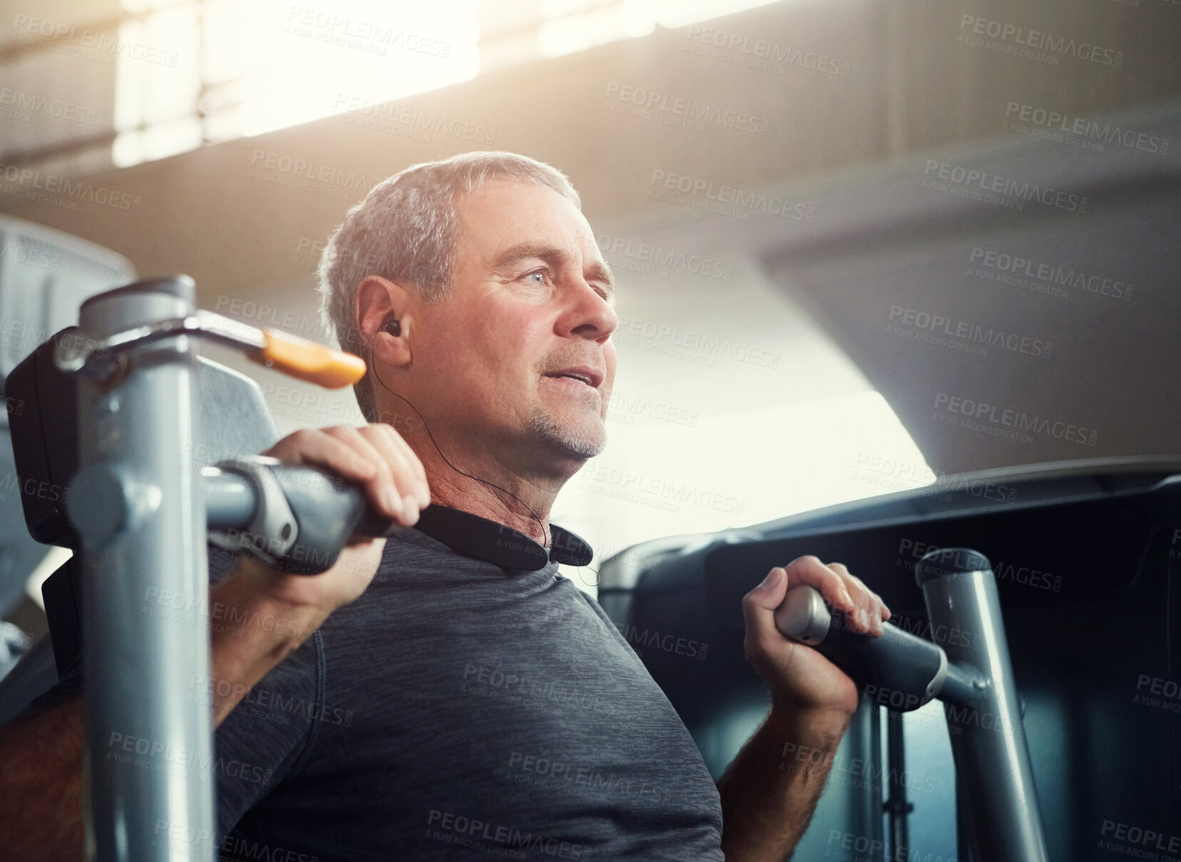 Buy stock photo Mature man, weight machine and fitness in gym with vision for health, transformation and muscle development. Person, strength training and exercise with challenge for performance, workout or wellness