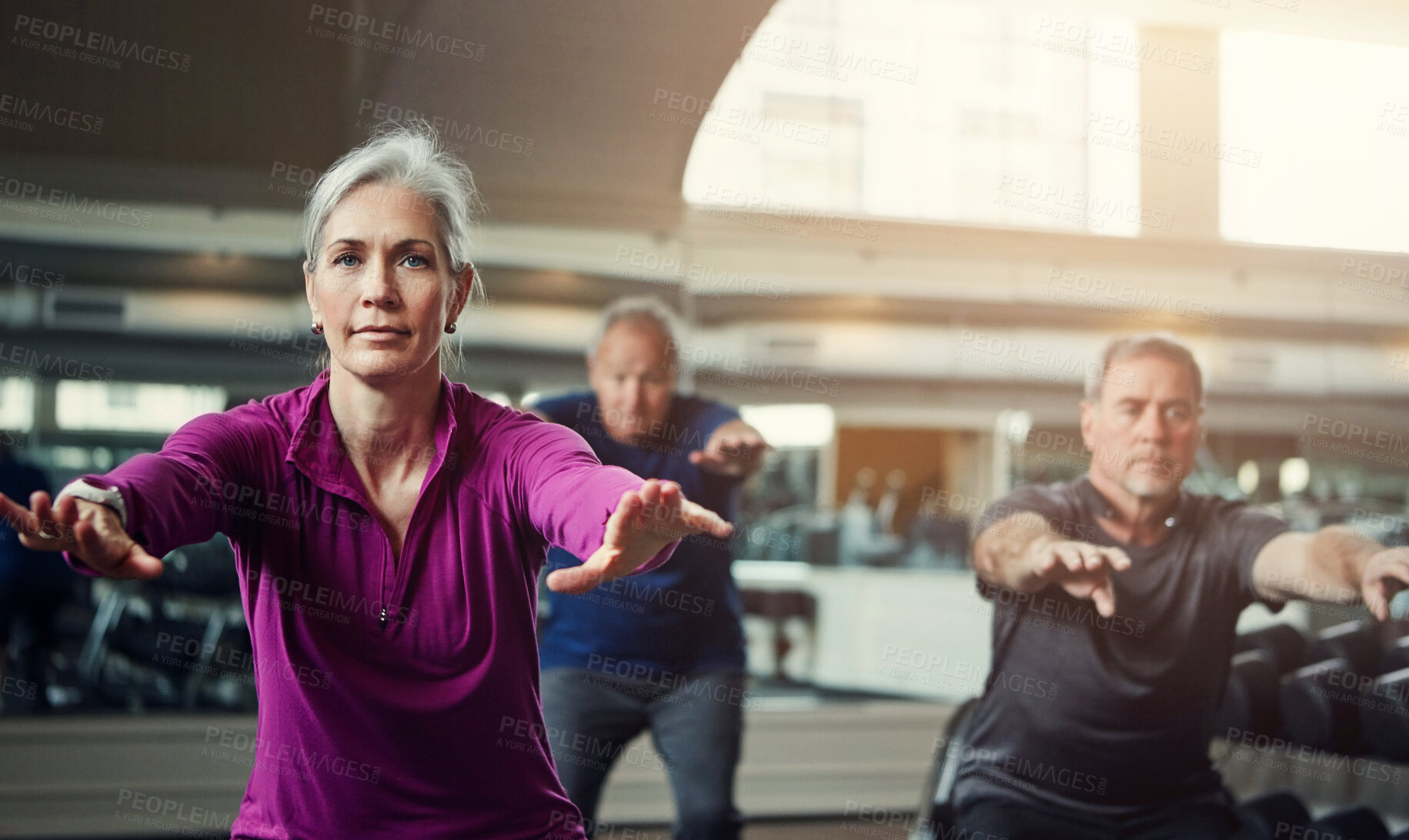 Buy stock photo Mature people, woman and squat in class for fitness, balance or coach for muscle development in gym. Senior group, men and exercise for legs, health or workout together in retirement at wellness club