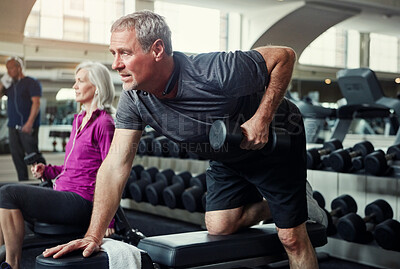 Buy stock photo Fitness, dumbbell and mature man at a gym for wellness, training and  morning cardio, exercise or routine. Health, workout and weightlifting for balance, mobility or commitment to healthy body