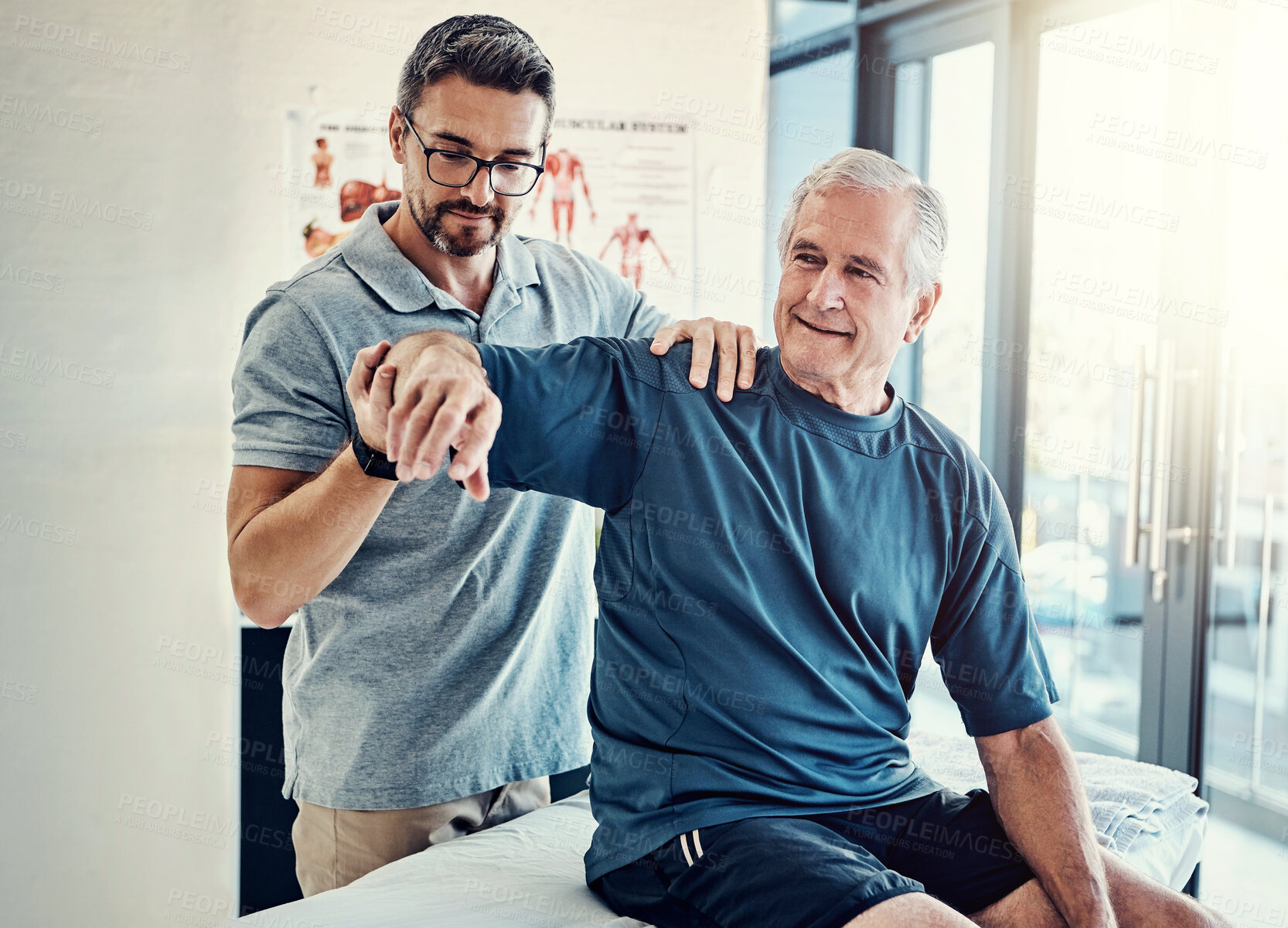 Buy stock photo Physiotherapy, chiropractor and senior man with arm pain for rehabilitation, consulting and exercise. Healthcare, physical therapy and person with patient for medical service, wellness and support