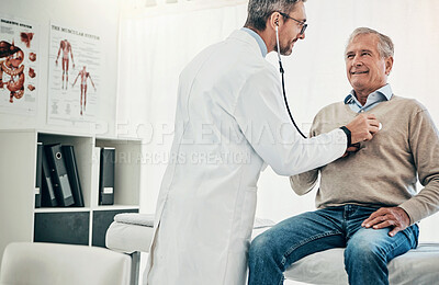 Buy stock photo Checkup, man and doctor in office with stethoscope, help or advice in health insurance. Clinic, senior patient and medical professional on bed with support, heart rate and healthcare for hypertension