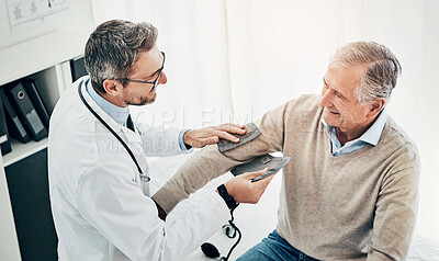 Buy stock photo Blood pressure, man and doctor in office with support, help and advice for health insurance. Clinic, senior patient and medical professional at desk with consultation, trust and healthcare at checkup